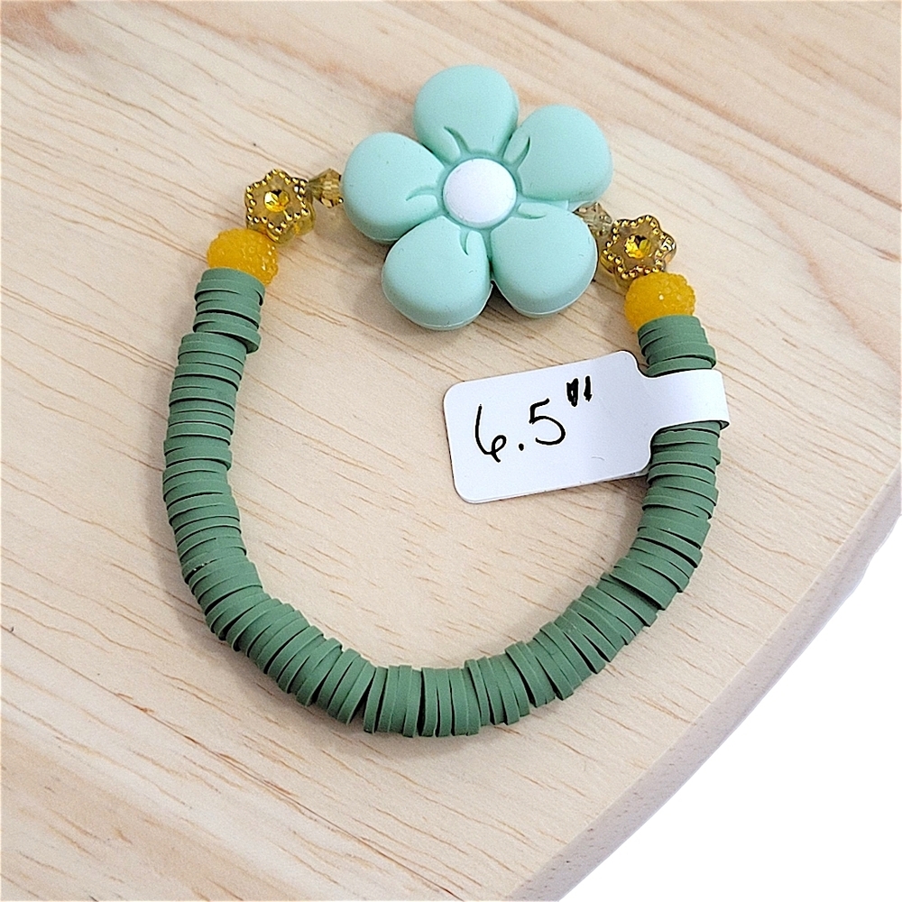Hand Crafted Kids Flower Bracelet - Green and Yellow Clay Beaded Size 6.5"
